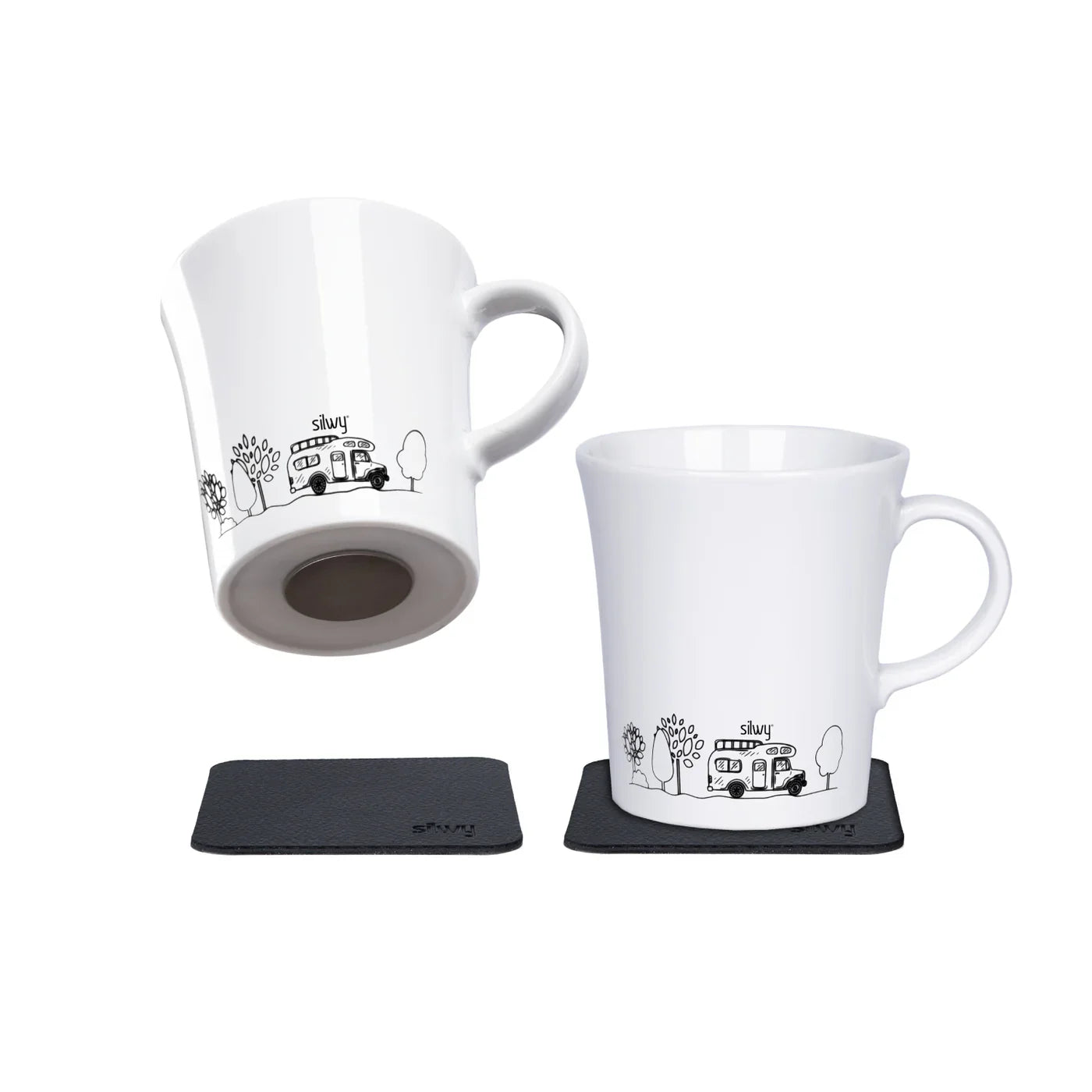 Two White Porcelain Mugs with Camping Print