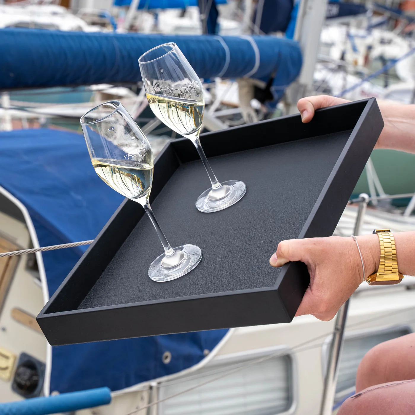 Metal tray in leather look BLACK