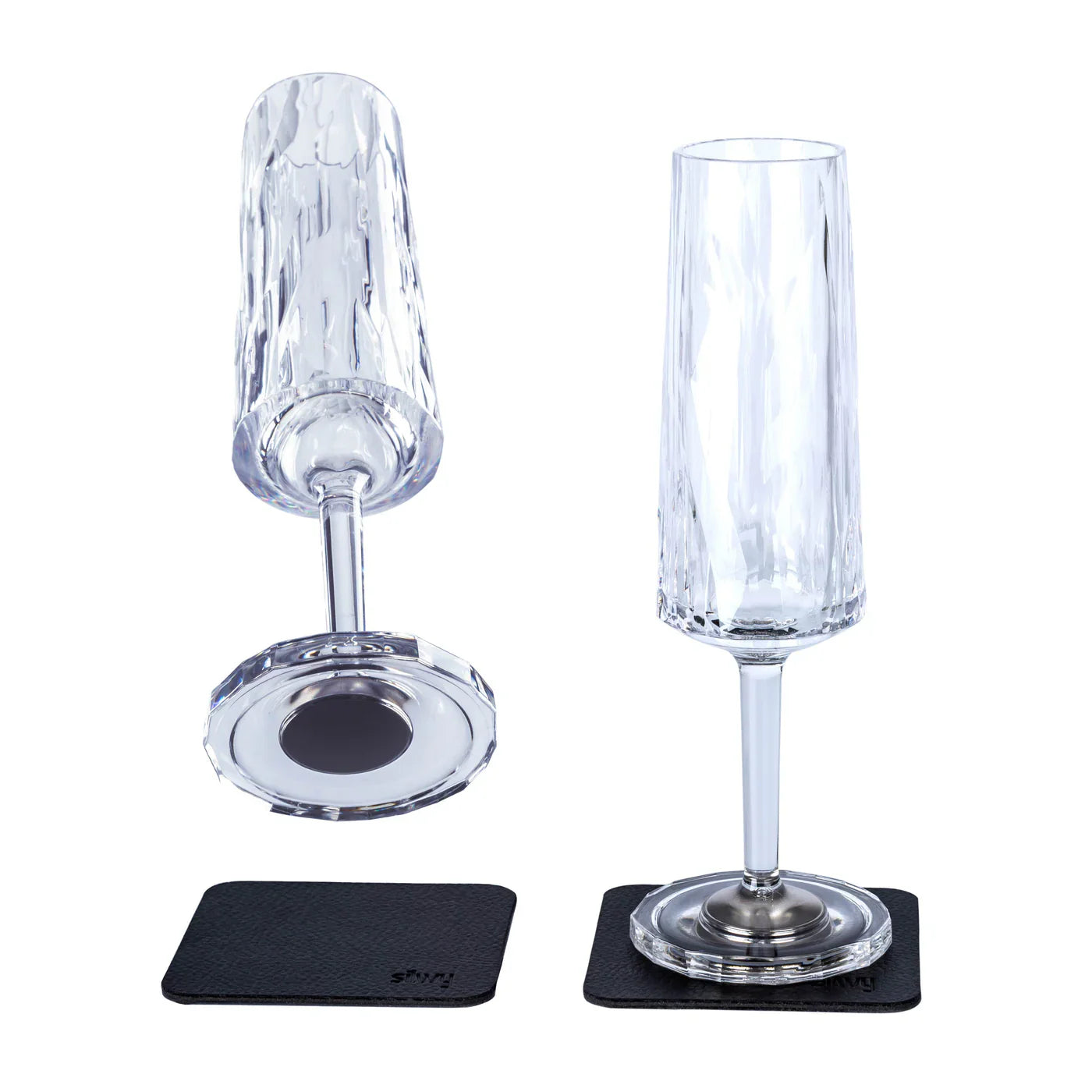 Two Transparent Magnetic Drinking Champagne Glasses